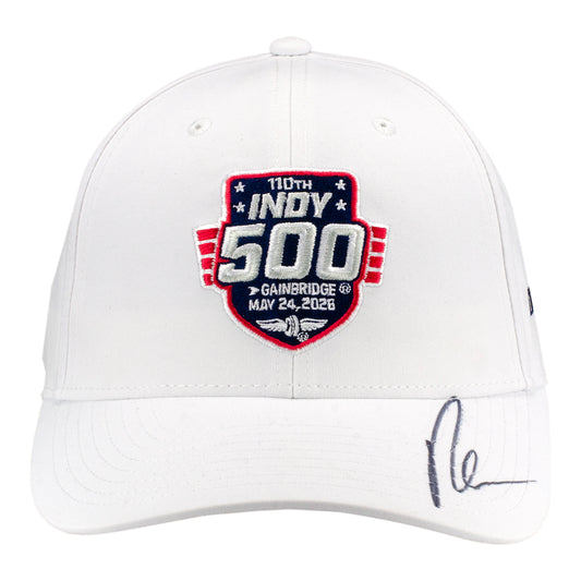 2026 Indy 500 LE #15 Starting Field Hat Autographed by Christian Rasmussen in White - First View