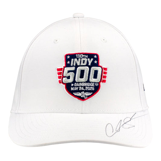 2026 Indy 500 LE #18 Starting Field Hat Autographed by Christian Lundgaard in White - Front view