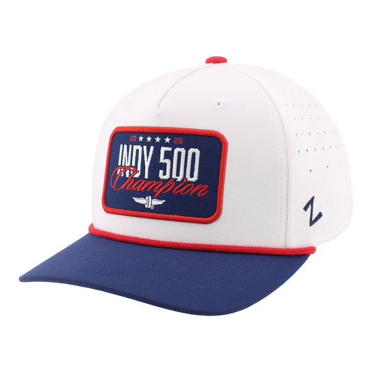 2026 Indy 500 Winner Hat In White, Blue & Red - Angled Left Side View