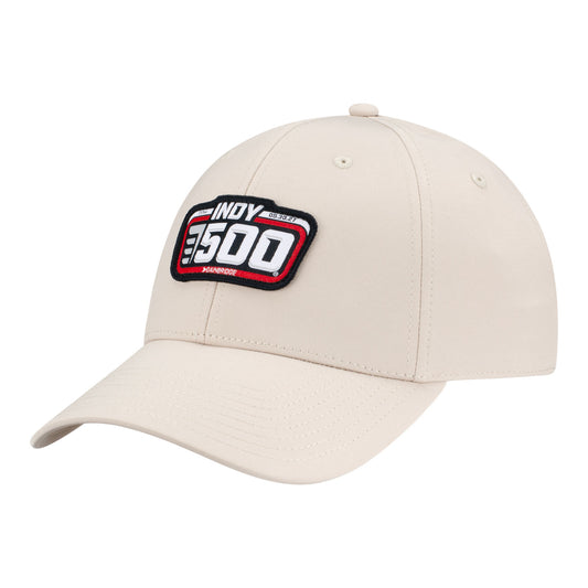 2027 Indy 500 Structured Performance Khaki Hat in White - Front Left View