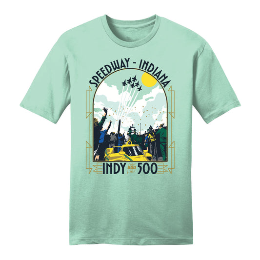 2025 Indy 500 Art Deco Flyover T-Shirt in Green - Front View
