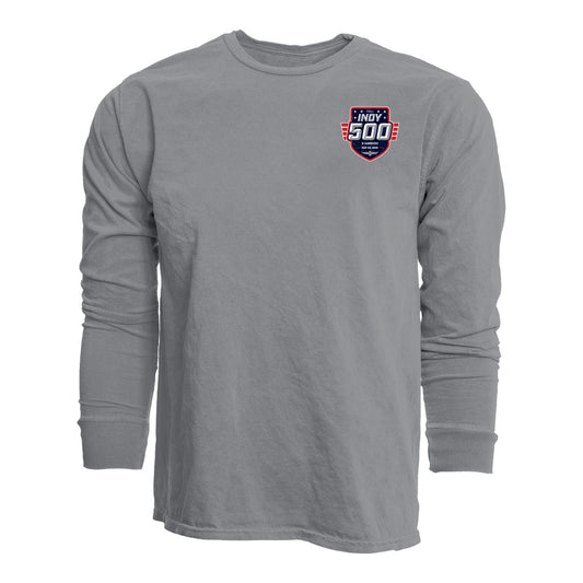 2026 Indy 500 America Patch Longsleeve T-Shirt in Grey - front View