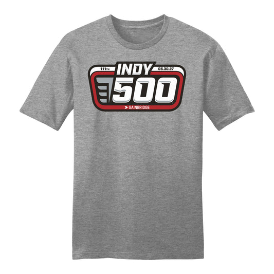 2027 Indy 500 Logo Drop T-Shirt in Grey - Front View