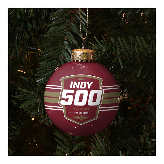 2024 Indy 500 Stripe Ball Ornament - on tree view
