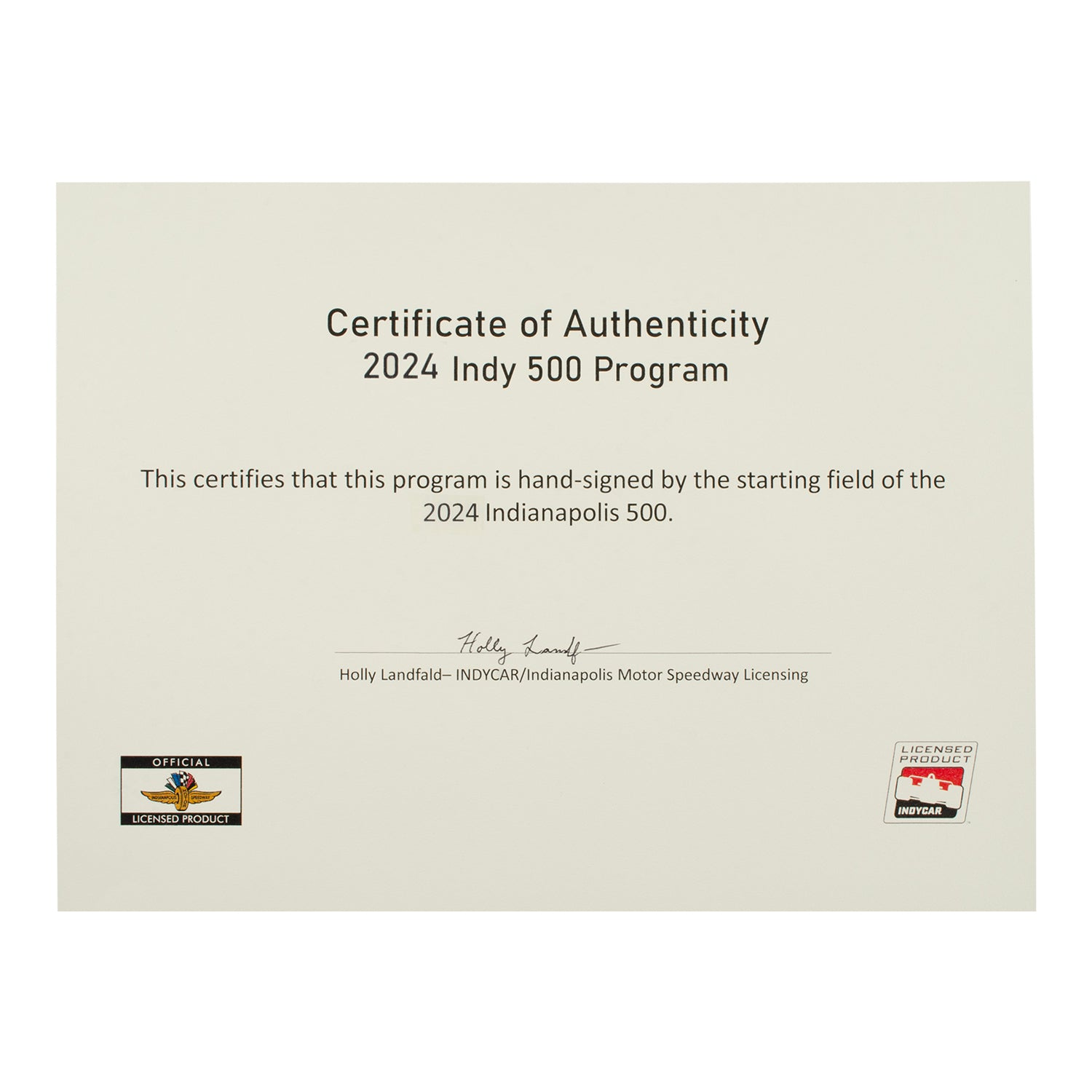 2024 Indy 500 Autographed Program Certificate of Authenticity - Front View