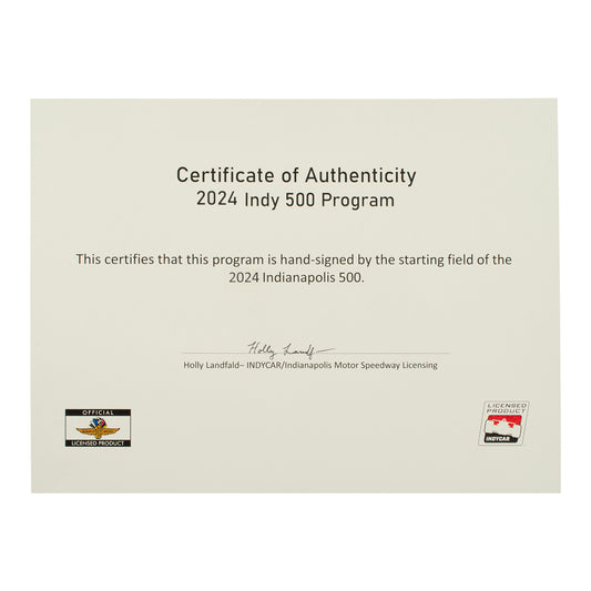 2024 Indy 500 Autographed Program Certificate of Authenticity - Front View