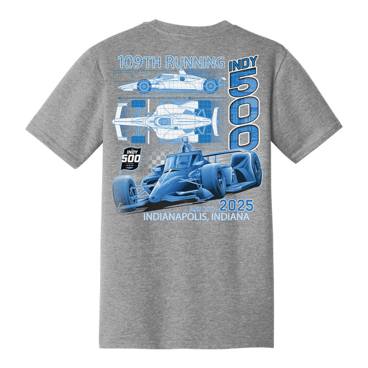 Youth 2025 Indy 500 Blueprint T-Shirt in Grey - Back View
