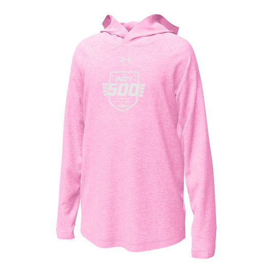 Under Armour 110th Running Youth Hooded T-shirt in Pink - Front View
