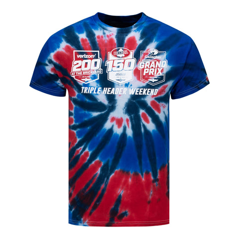 2023 Brickyard Triple Header Weekend Tie Dye T-Shirt in red, white, and blue - front view