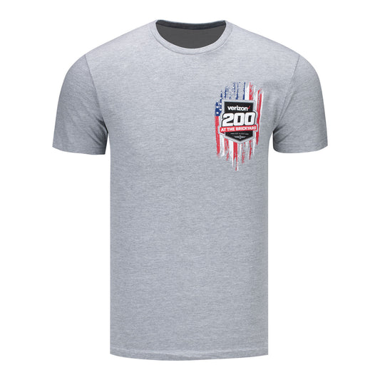 2023 Verizon 200 at the Brickyard Americana Event T-shirt in grey, front view