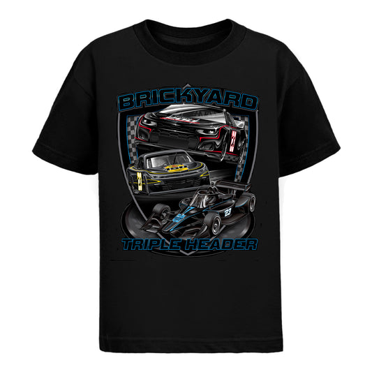 2023 Youth Brickyard Triple Header T-Shirt in black, front view