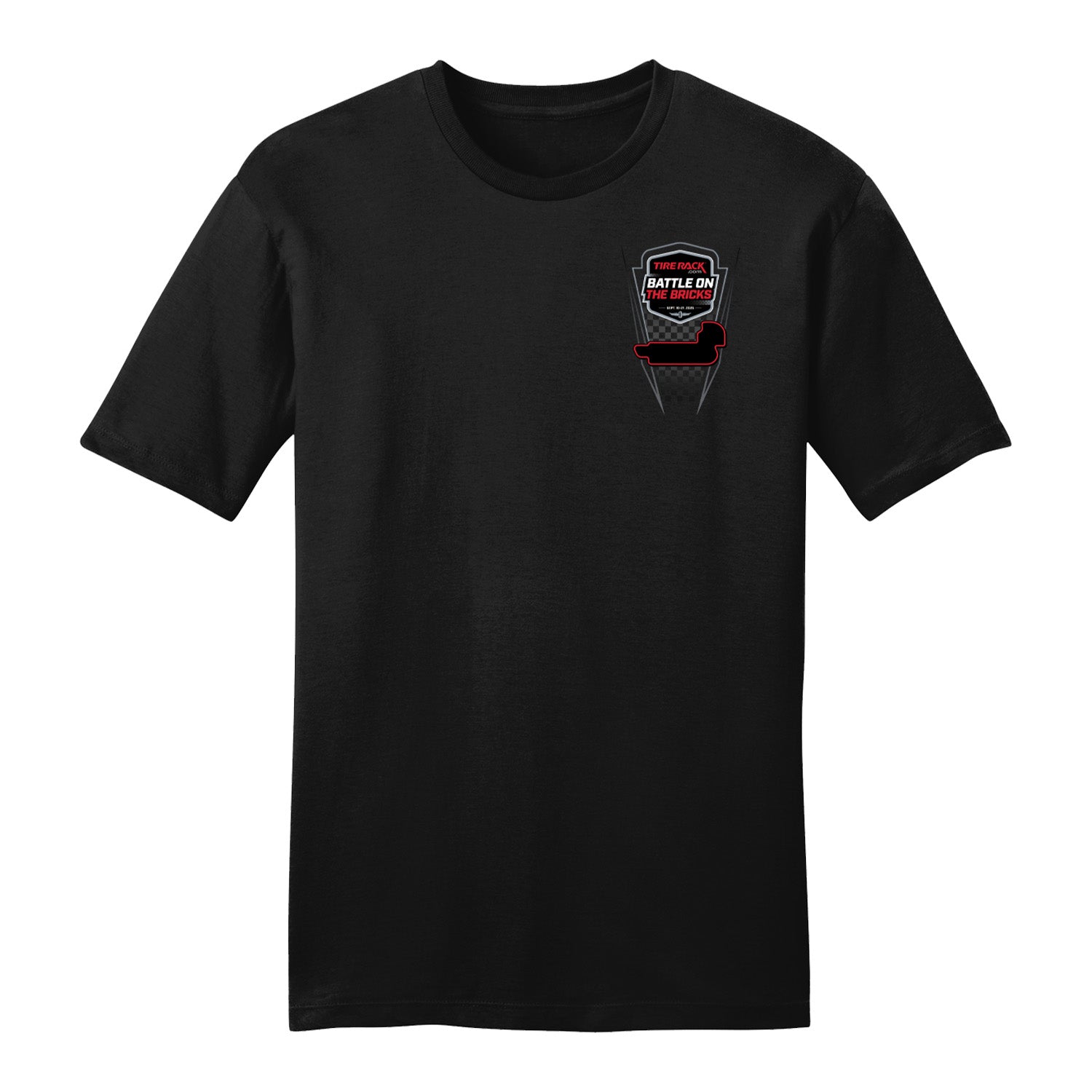 2025 TireRack.com Battle on the Bricks Ghost Car T-Shirt in Black - Front View