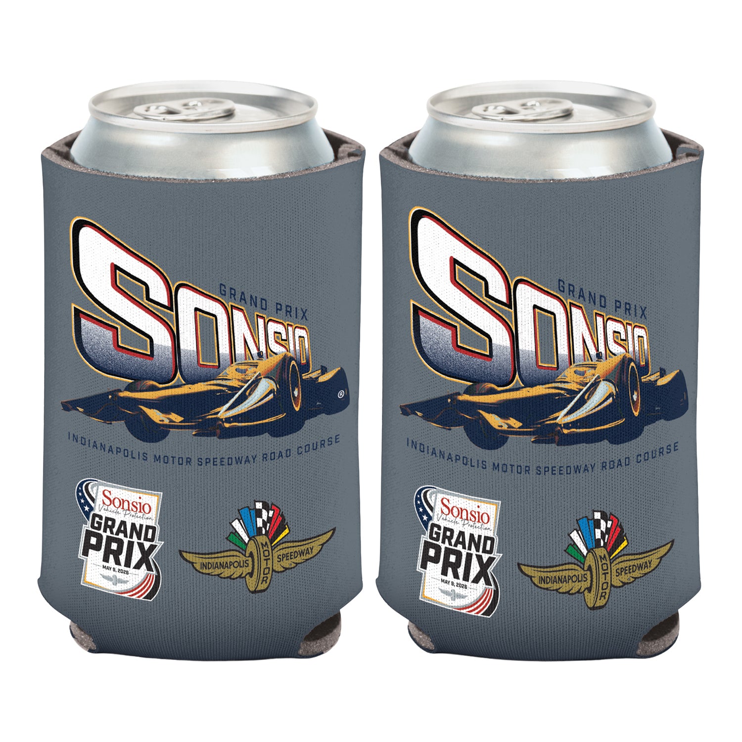 2026 Sonsio Grand Prix Can Cooler in Grey - Front and Back View