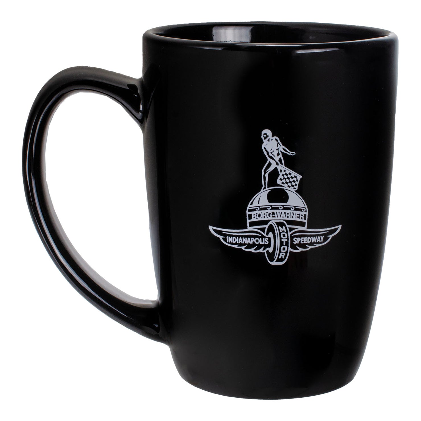 Wing Wheel Flag Borg Warner Trophy Contour Mug in Black - Front View