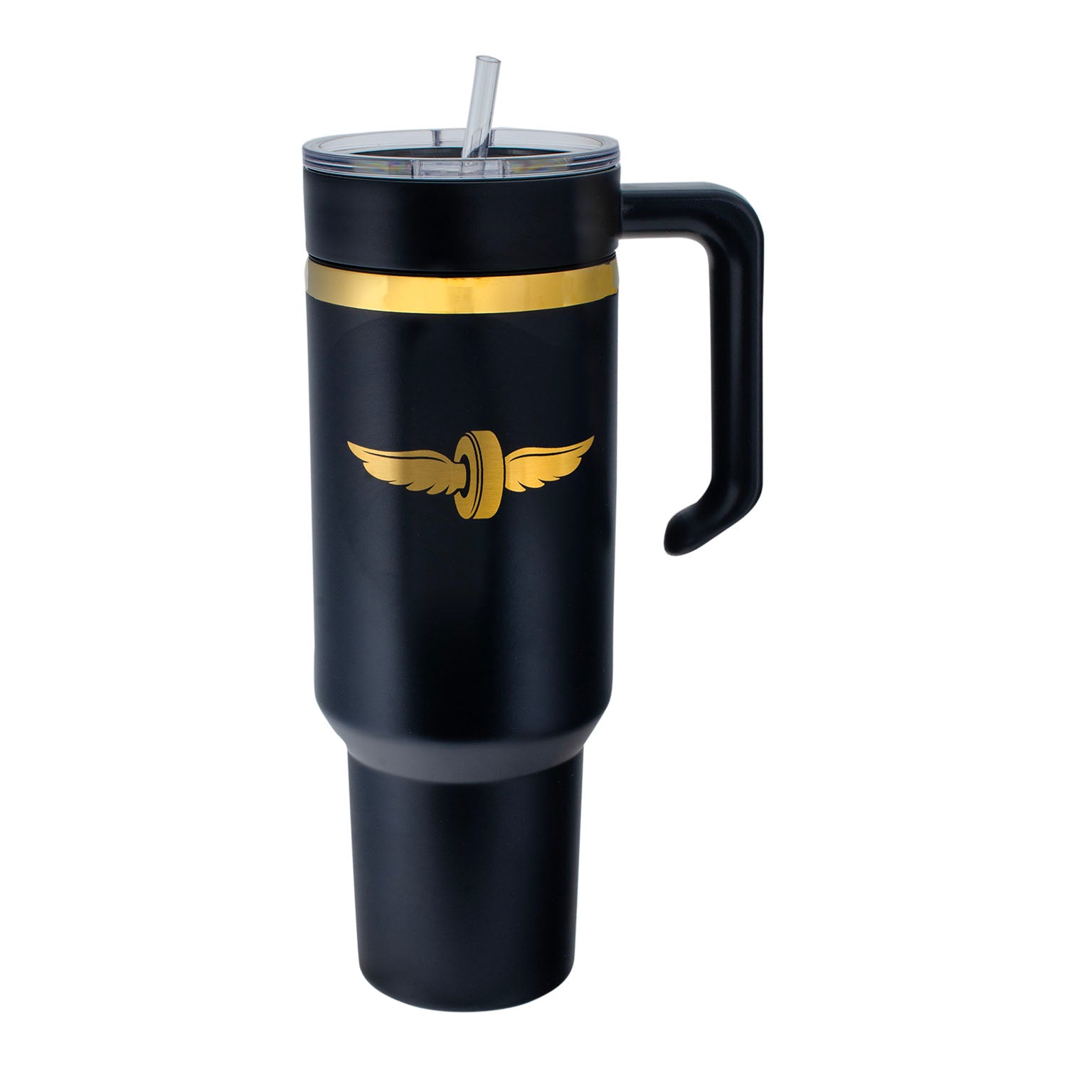Wing and Wheel Anodized 48oz Tumbler in Black - Front View