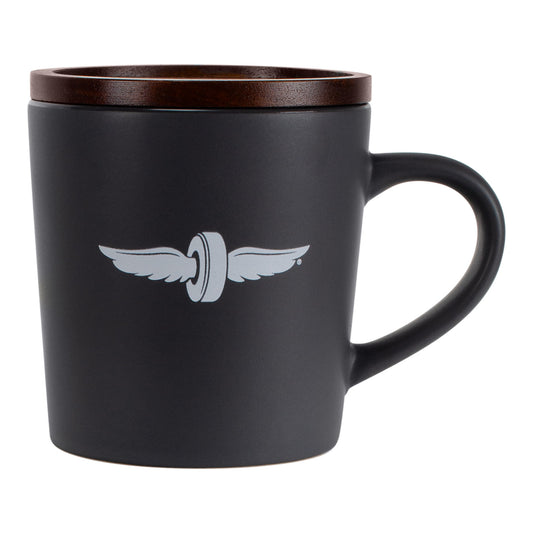 Wing Wheel Flag Mug with Coaster Style Lid In Black & Brown - Mug & Lid Front View With Lid On Mug