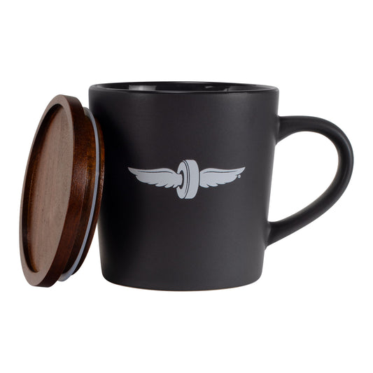 Wing Wheel Flag Mug with Coaster Style Lid In Black & Brown - Mug & Lid Front View With Lid On Side
