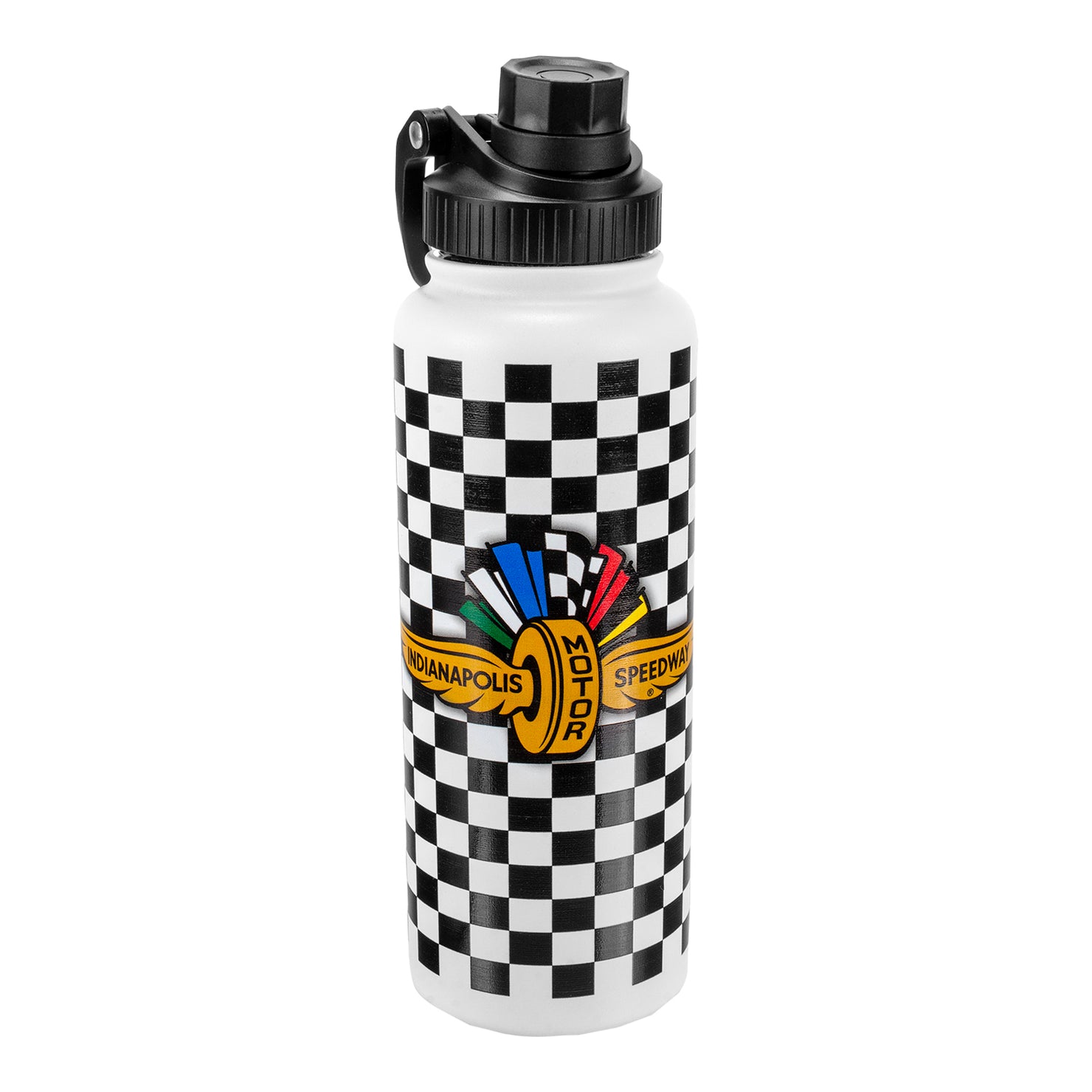 Wing Wheel Flag Checkered Aqua Bottle 34oz - front view