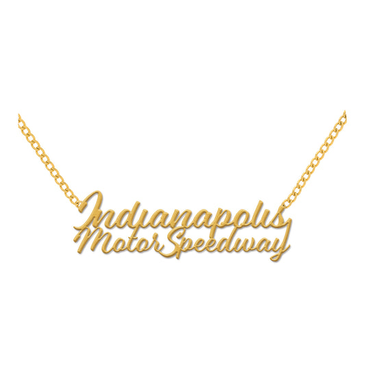 Indianapolis Motor Speedway Cursive Name Gold Necklace - front view