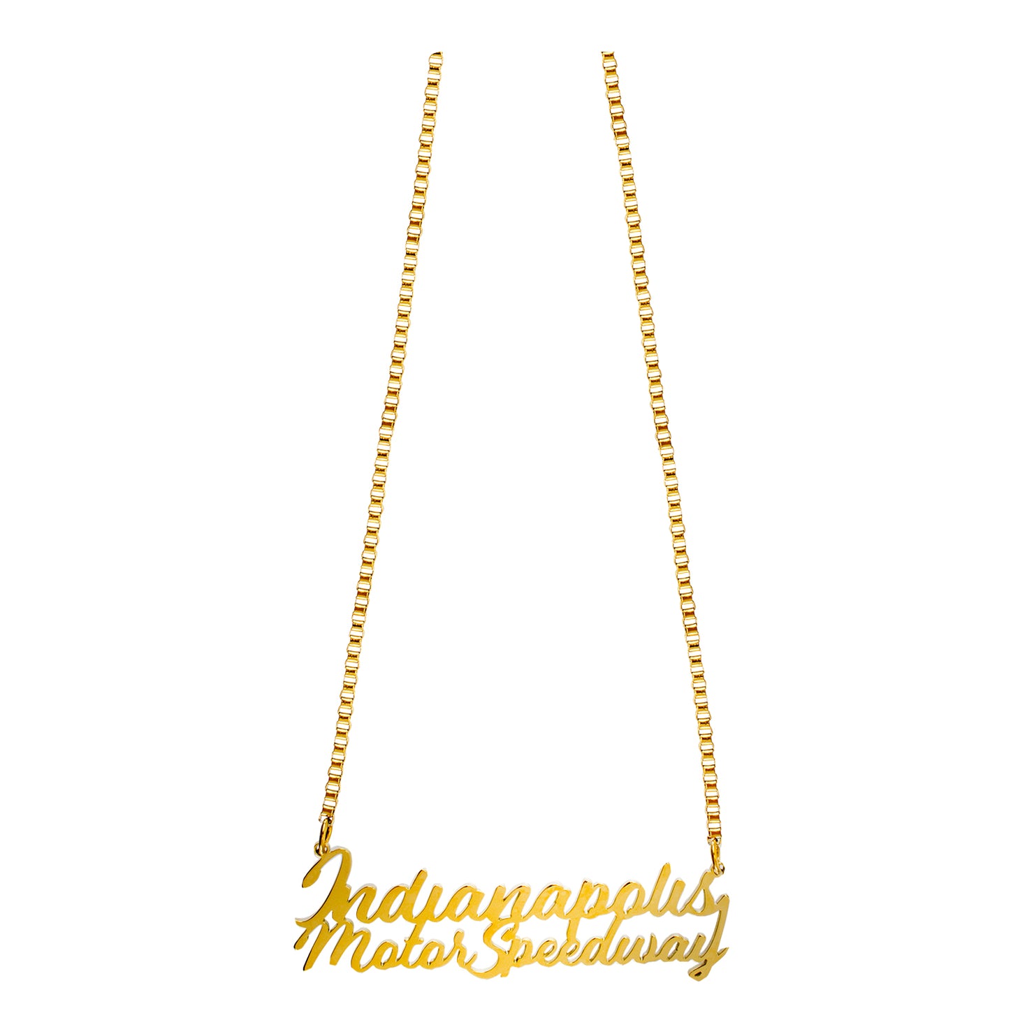 Indianapolis Motor Speedway Cursive Name Gold Necklace - front view