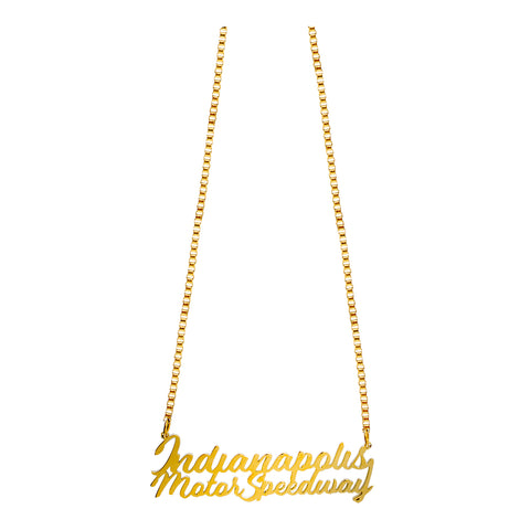 Indianapolis Motor Speedway Cursive Name Gold Necklace - front view