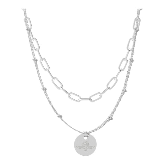 Wing Wheel Flag Layered Chain Necklace Silver