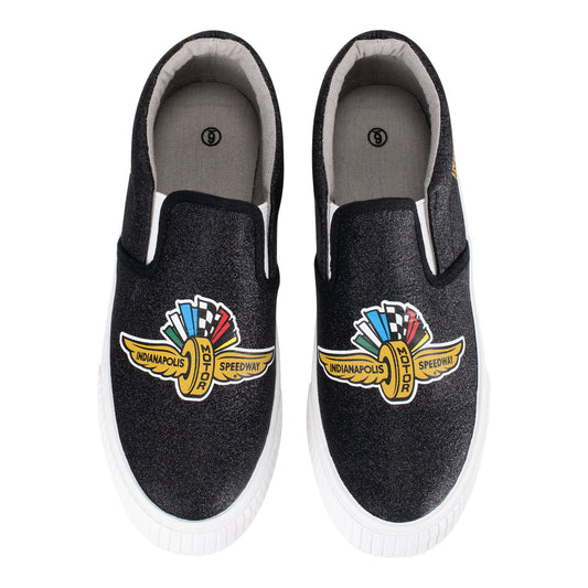 Wing Wheel Flag Glitter Canvas Slip On Shoes in black, front view
