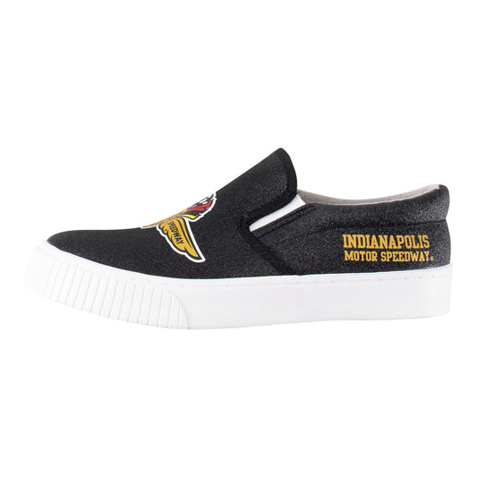 Wing Wheel Flag Glitter Canvas Slip On Shoes in black, side view