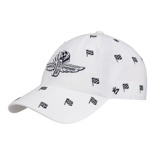 Ladies Wing Wheel Flag All Over Checkered Flag Hat in White - Front Left View