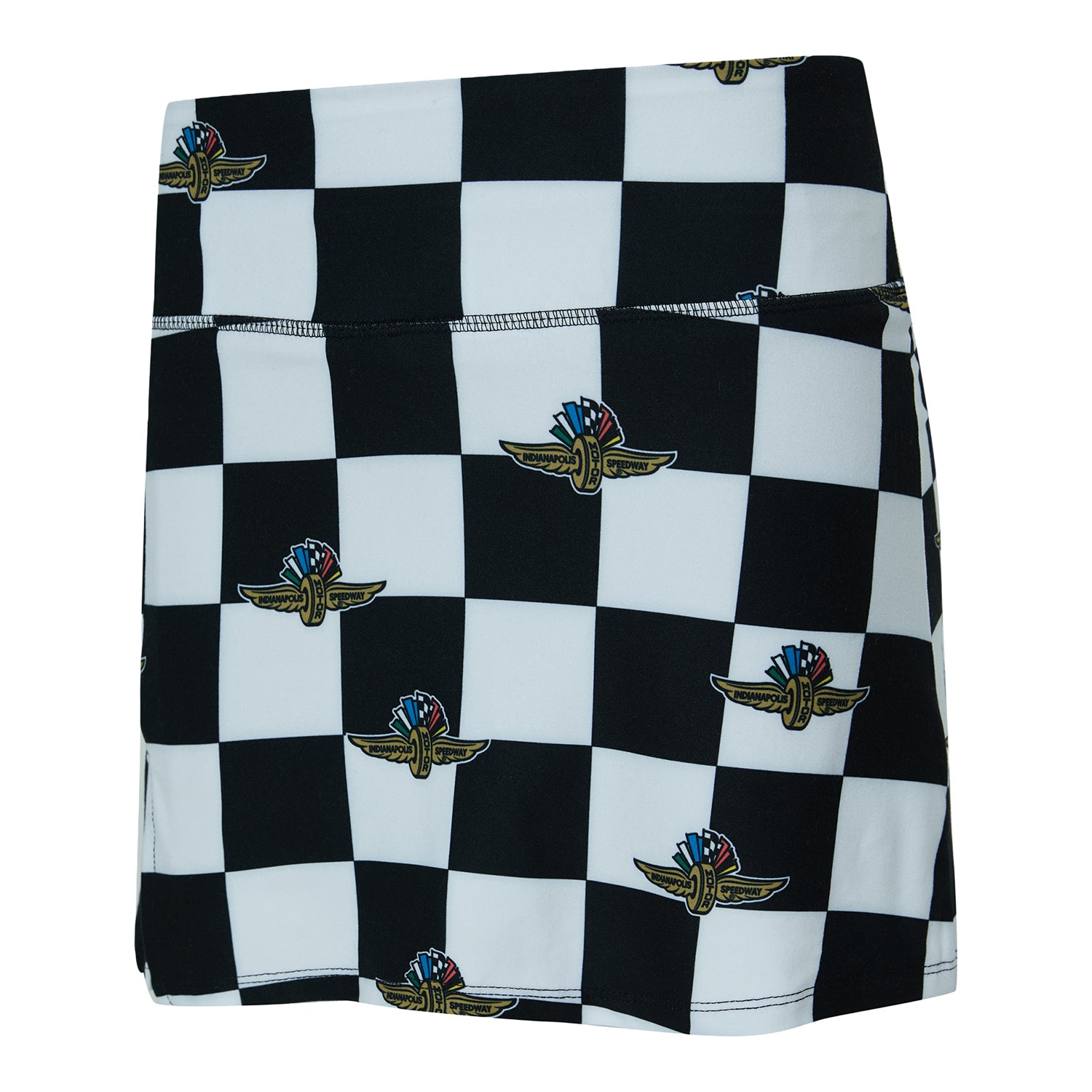Ladies Wing Wheel Flag Checkered Mosaic Skort in Black and White Checkered Pattern - Front View