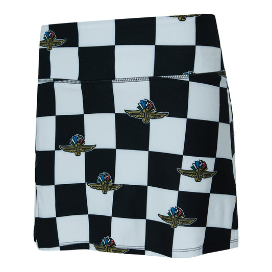 Ladies Wing Wheel Flag Checkered Mosaic Skort in Black and White Checkered Pattern - Front View
