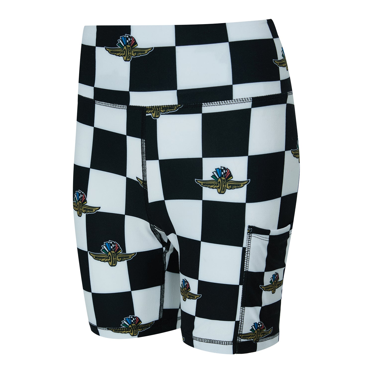 Ladies Wing Wheel Flag Checkered Mosaic Biker Shorts In Black & White - Front View