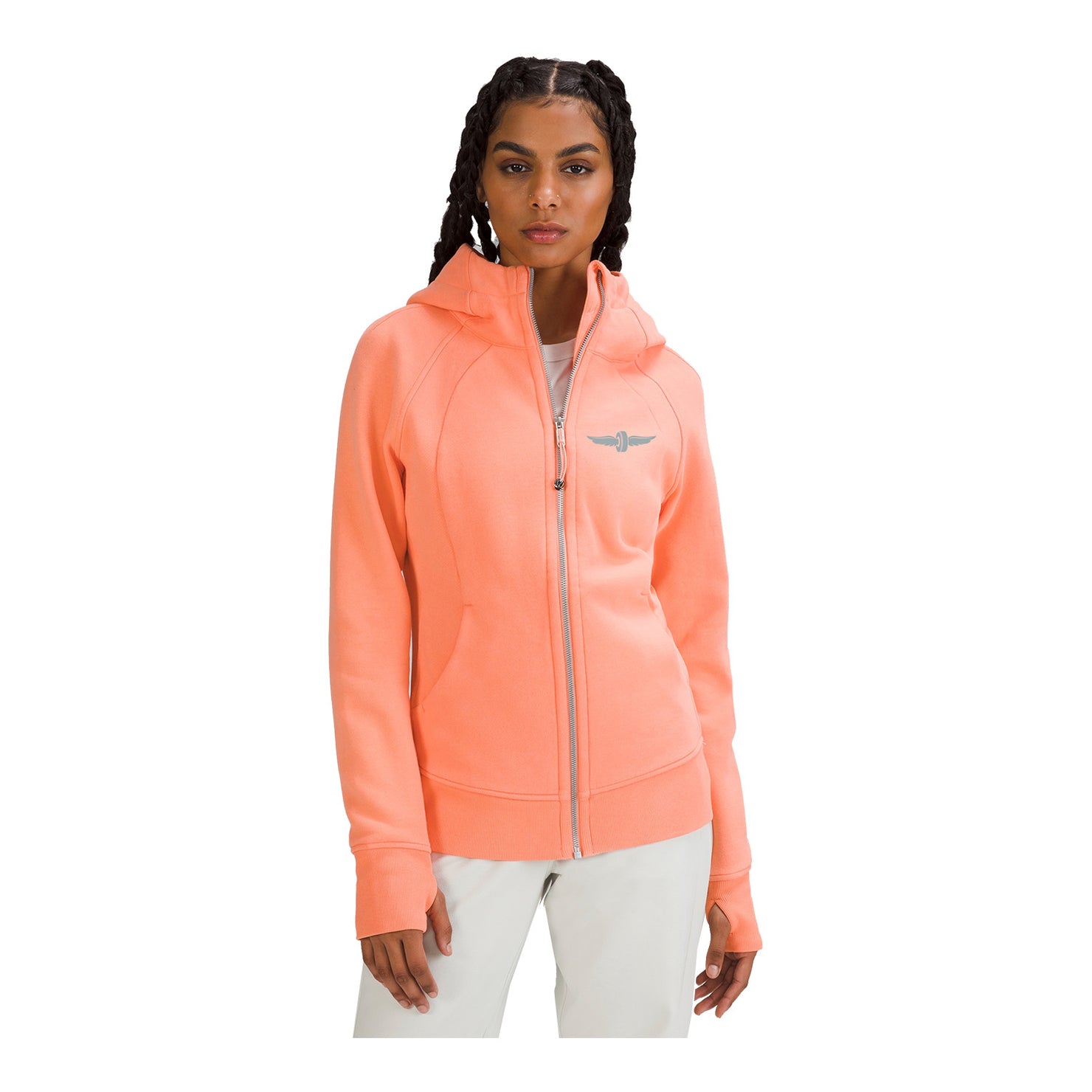 lululemon Wing and Wheel Scuba Full Zip Hoodie in coral, full front view