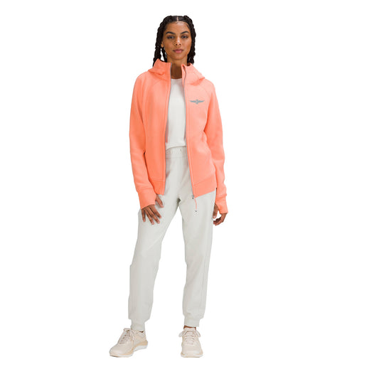 lululemon Wing and Wheel Scuba Full Zip Hoodie in coral, full front view, unzipped