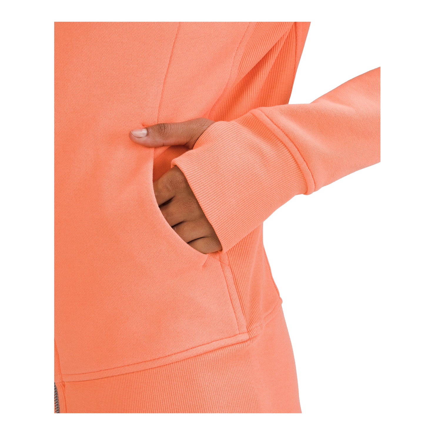 lululemon Wing and Wheel Scuba Full Zip Hoodie in coral, bottom sleeve view