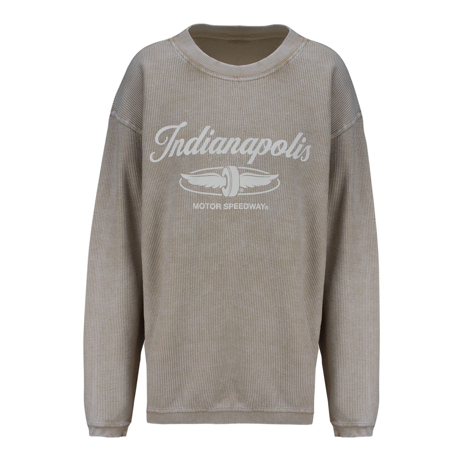 Ladies Indianapolis Motor Speedway Corded Crewneck in Brown - Front View