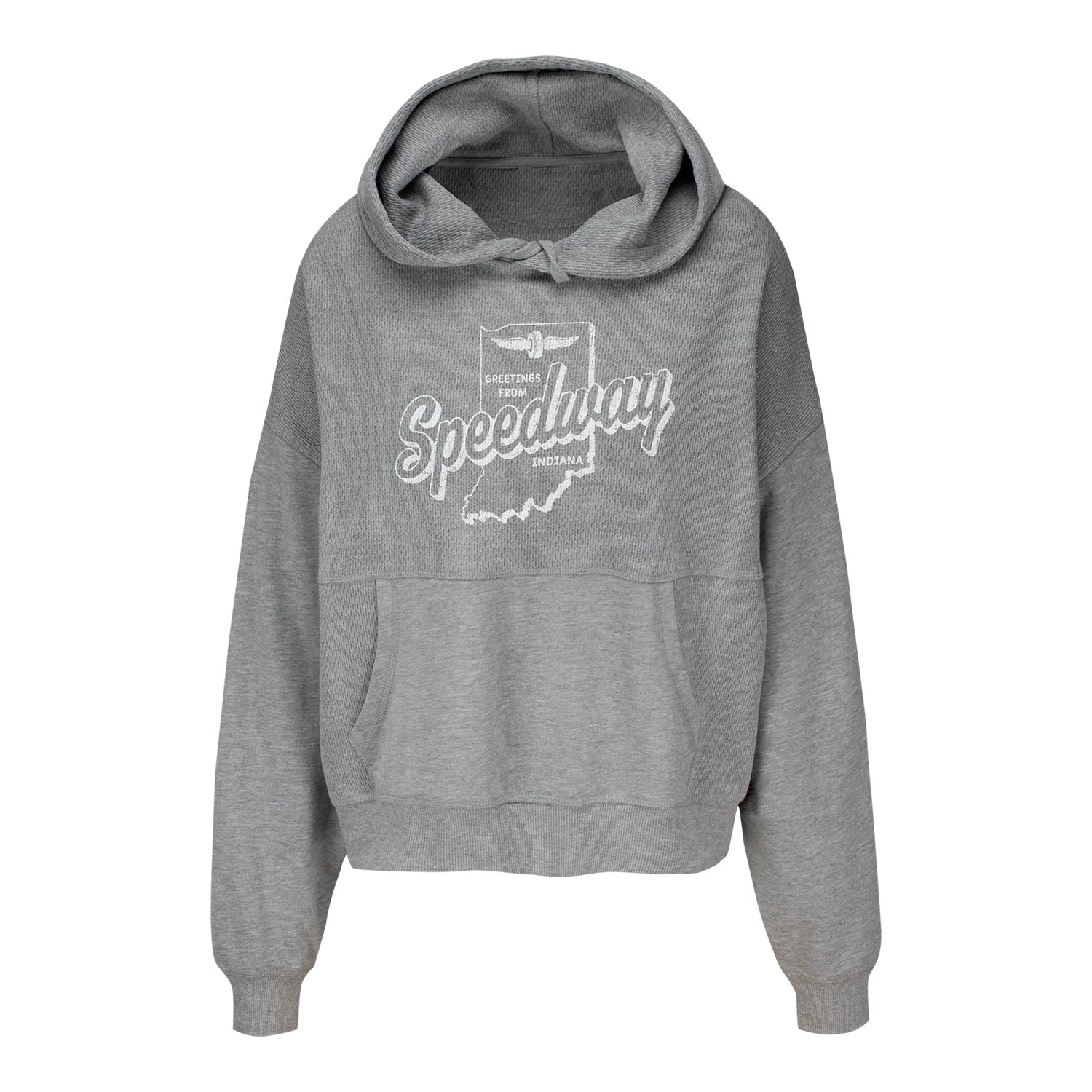 Ladies Indianapolsi Motor Speedway "Greetings from Speedway" Indiana Hoodie in Grey - Front View