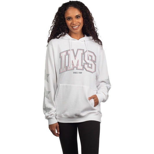 IMS Rhinestone Star Sleeves Everybody Campus Hoodie in White - Front View