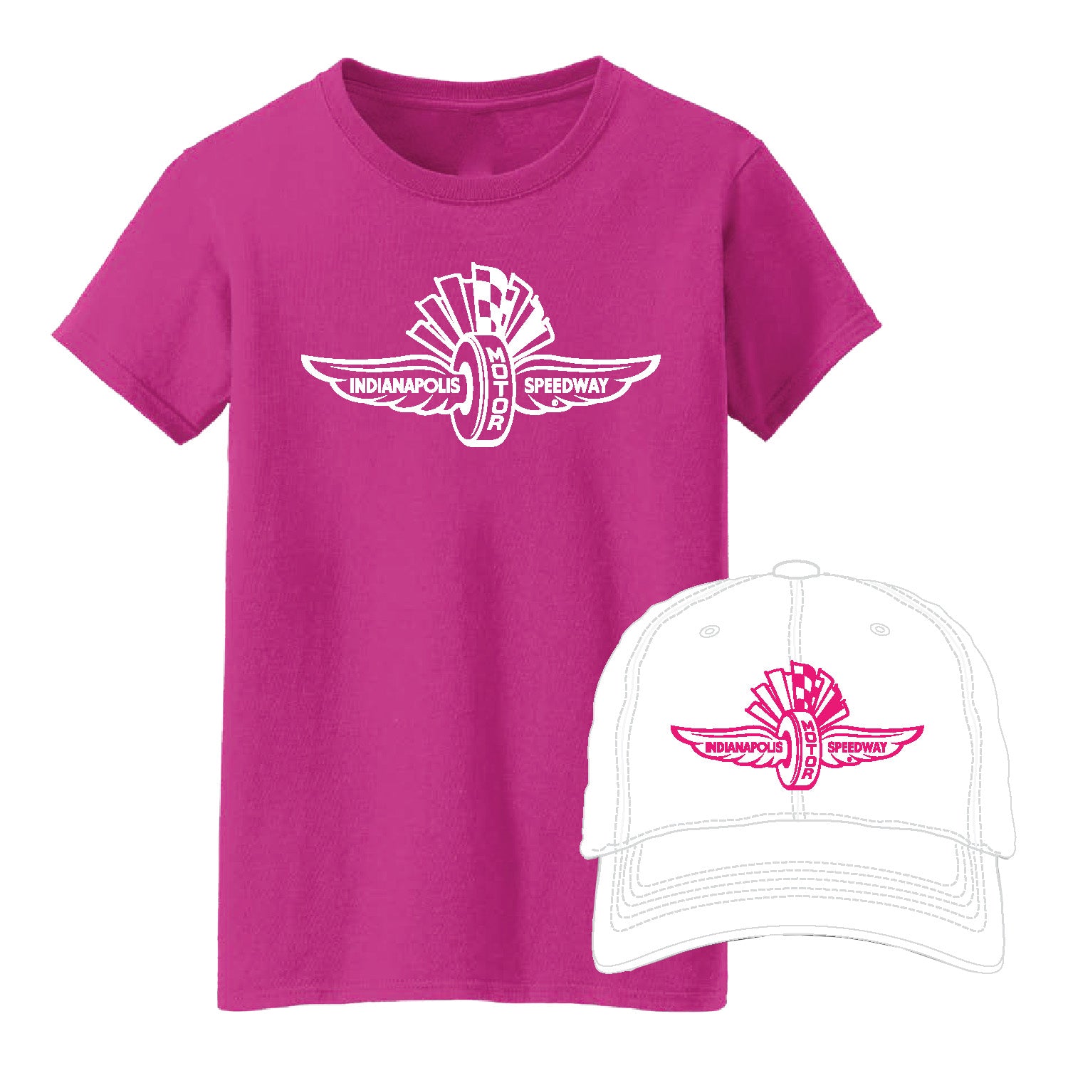 Ladies Wing Wheel Flag Hat Tee Combo in Pink and White - Front View