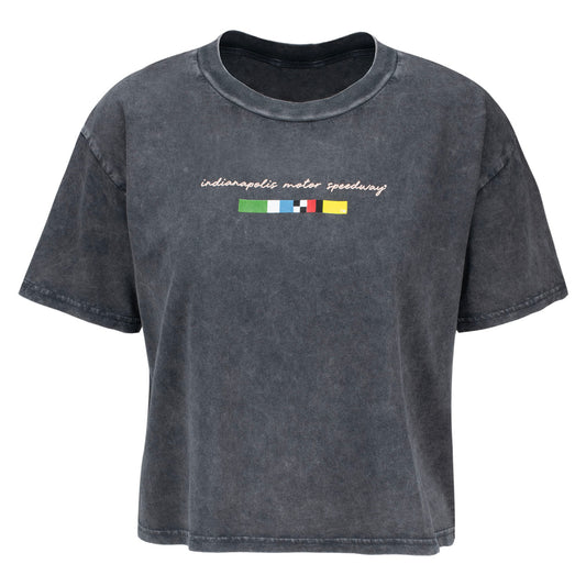 Ladies Indianpolis Motor Speedway Short n' Sweet Crop Top in Black - Front View