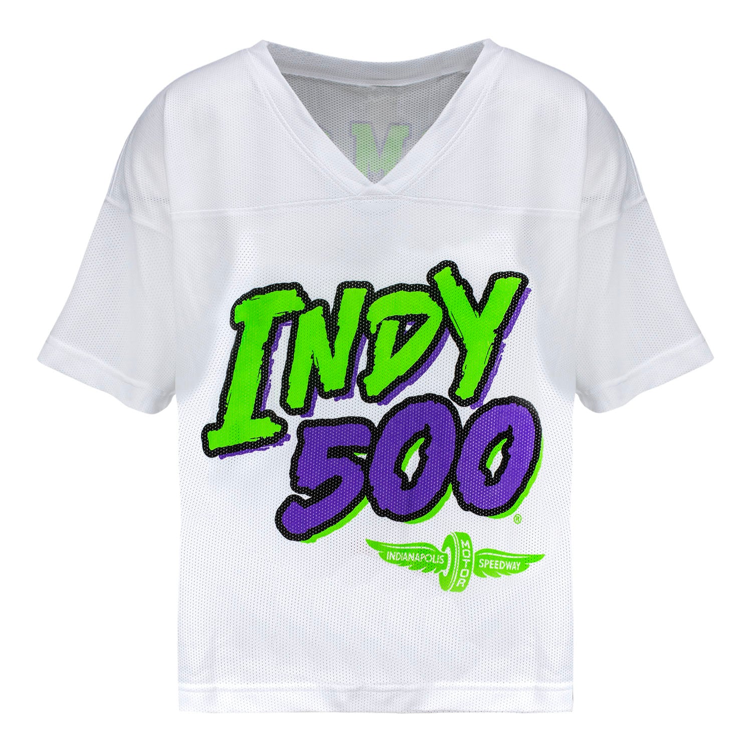 Ladies Indy 500 Cropped Football Jersey in White - Front View