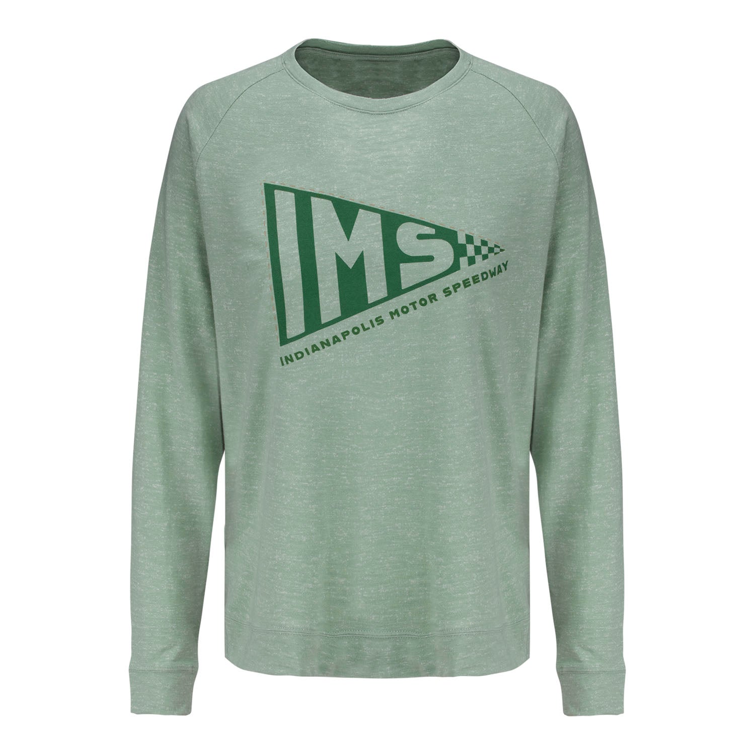 Ladies Indianapolis Motor Speedway Pennant Long Sleeve T-Shirt in Green - Front View