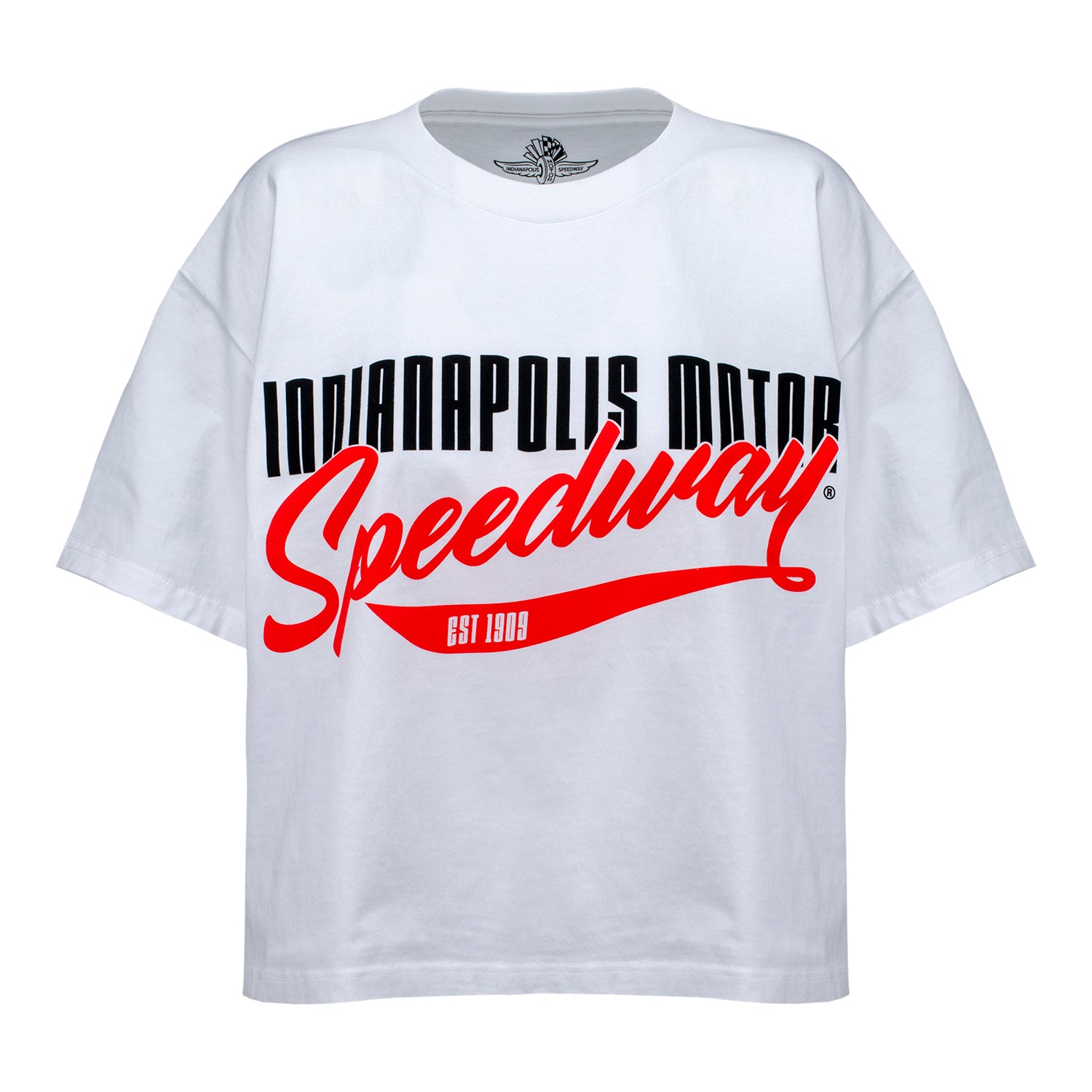 LADIES INDIANAPOLIS MOTOR SPEEDWAY BOXY SCRIPT CROP - Front View