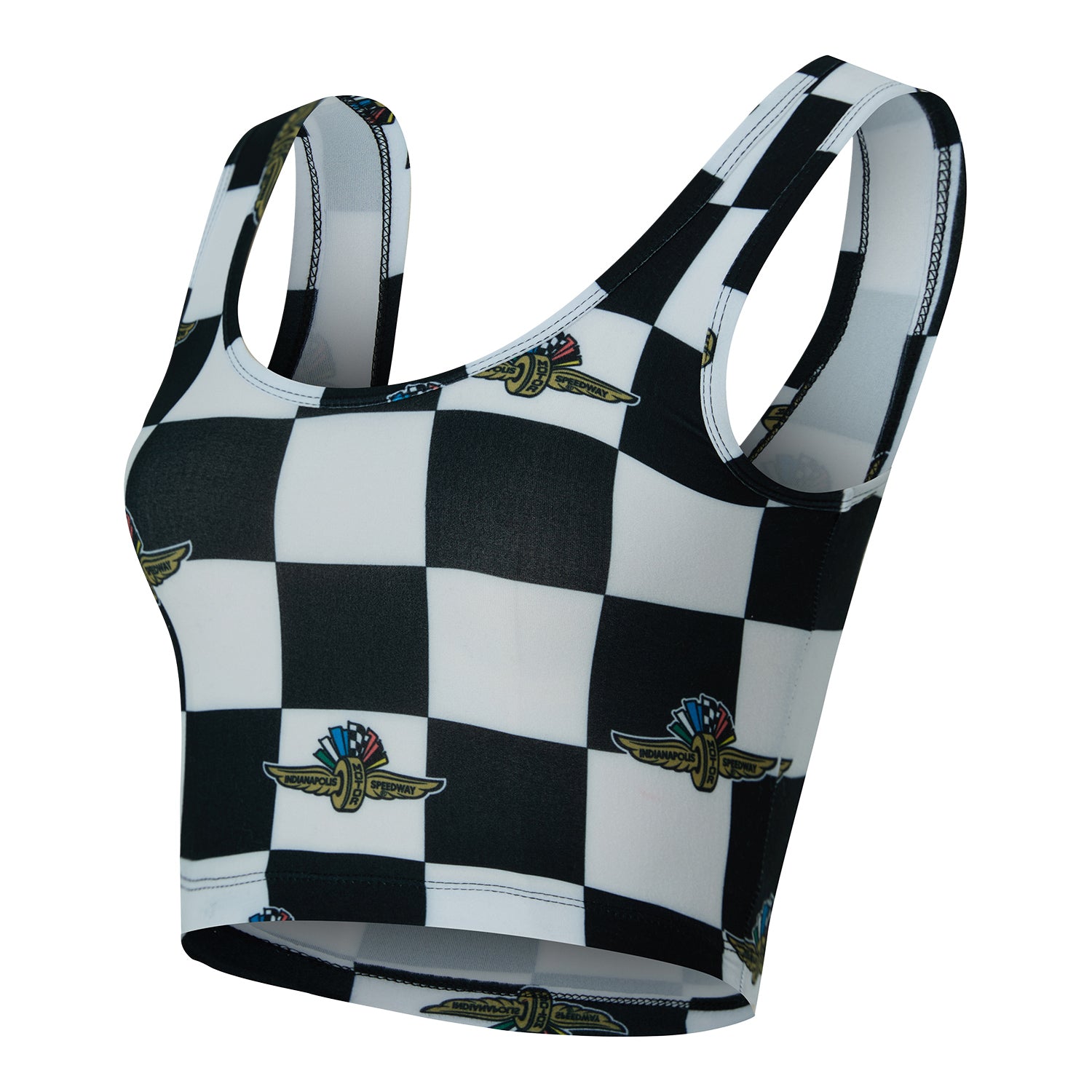 Ladies Wing Wheel Flag Checkered Mosaic Crop Top - Front Left View