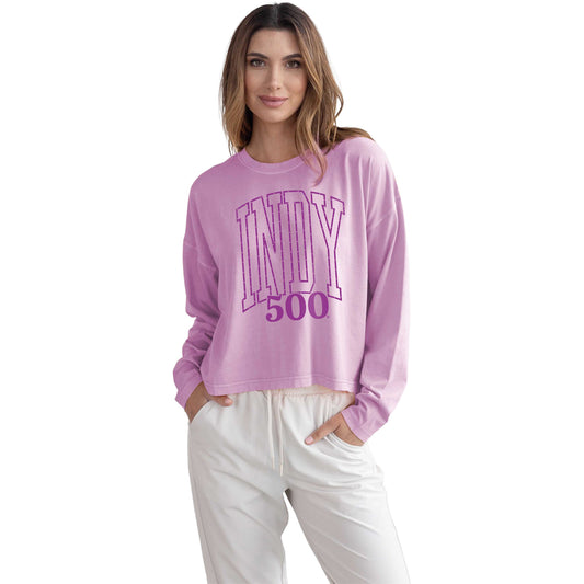 Ladies Indy 500 Bisque Rhinestones T-shirt in Pink - Front View