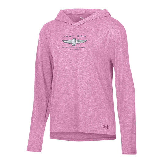 Ladies Under Armour Wing and Wheel Hooded Shirt in Pink - Front View