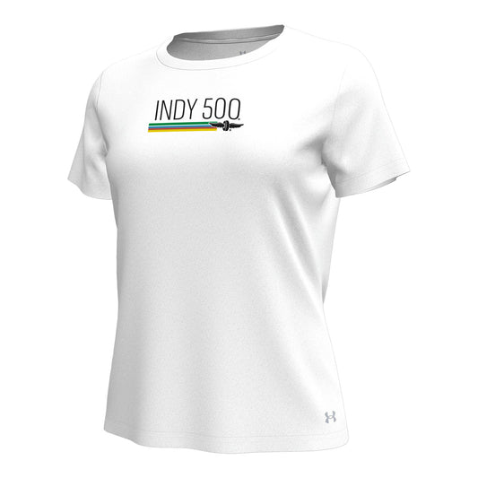 Ladies Under Armour White Indy 500 T-Shirt in White - Front View