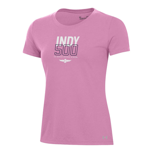 Ladies Under Armour Pink Indy 500 T-shirt in Pink - Front View