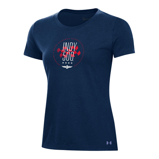 Ladies Indy 500 Under Armour Checkered T-shirt in Blue - Front View