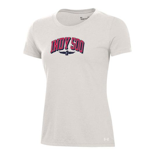 Ladies Under Armour Wing and Wheel T-shirt in White - Front View